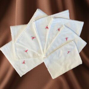 Set of 7 Vintage Hand-Embroidered White Linen Napkins - Cottagecore